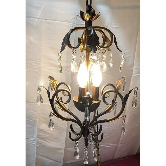 Chandelier 3 Light Antique Rubbed Brass Leaf Scroll 31 2-Tier Prism Crystals - Picture 2 of 16